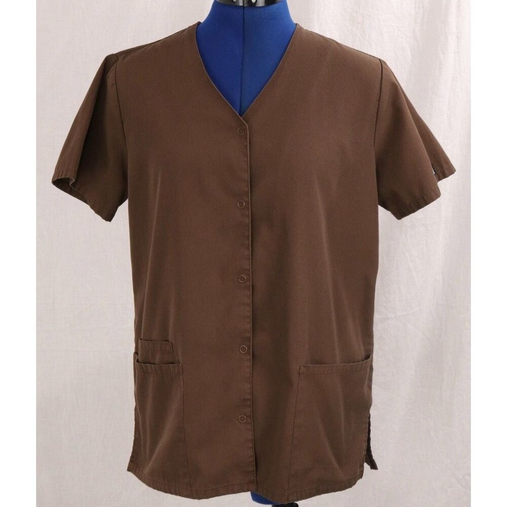 Cherokee Workwear Authentic Scrubs Brown Snap Front Top XS Lab Medical Uniform S